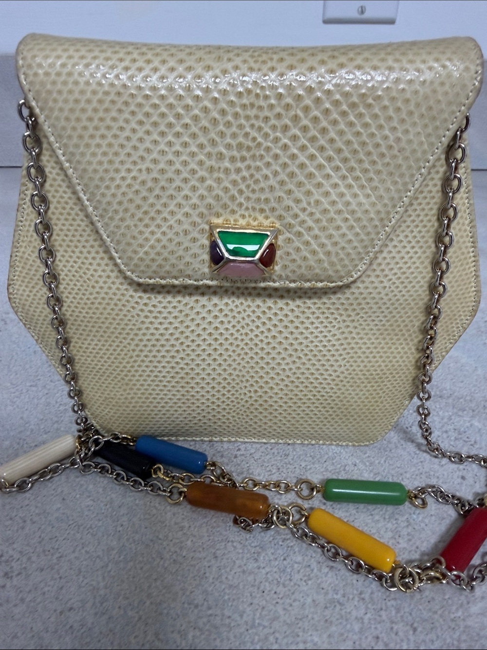 Judith Leiber Cream Hexagon Crossbody with Multicolor Bead Accents